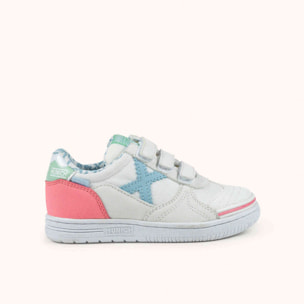 MUNICH G-3 KID VCO 461 Zapatillas Infantiles de Fútbol Sala Blancas con Detalles Rosa y Celeste con Triple Velcro