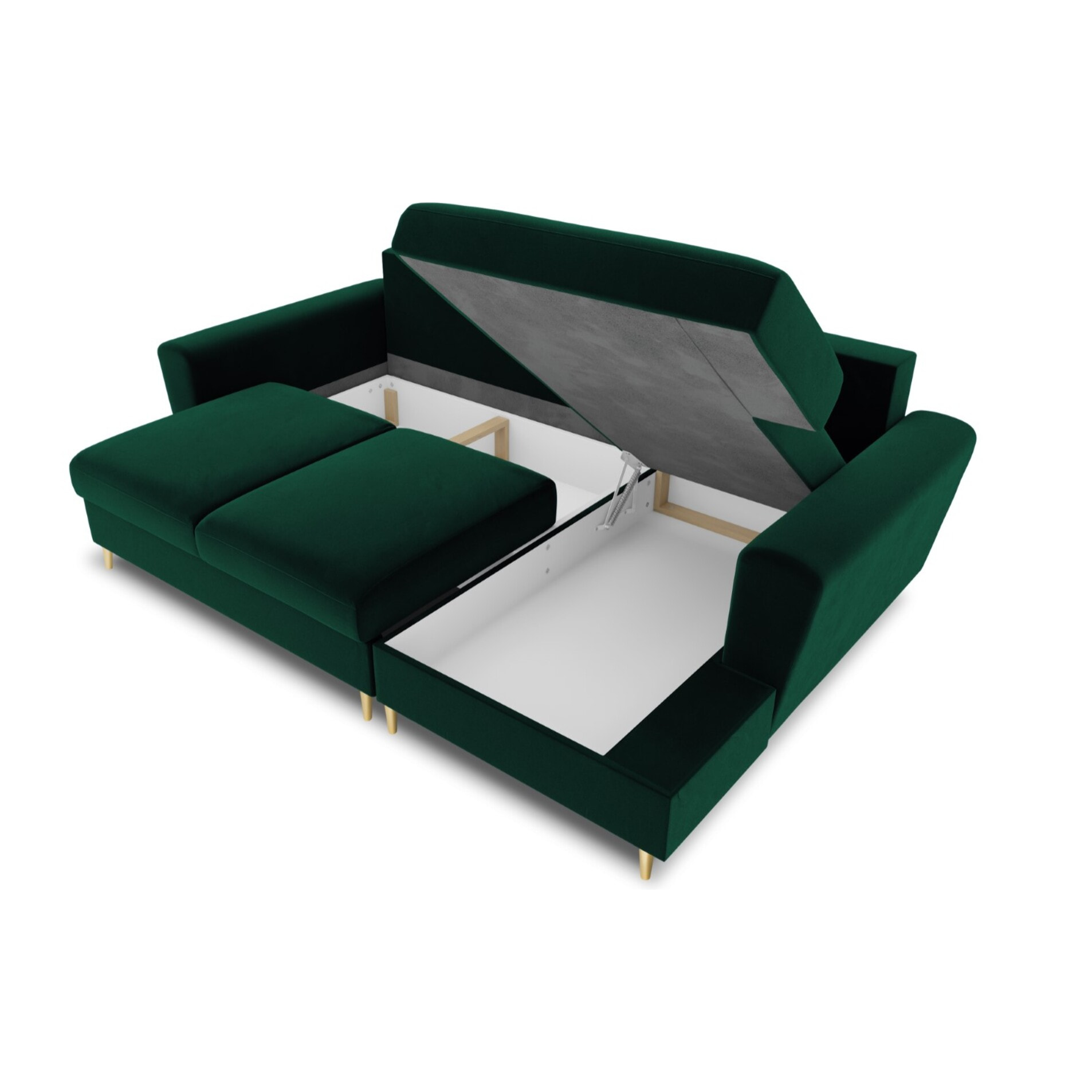 Canapé d'angle droit convertible avec coffre de rangement "Kyoto" 4 places en velours vert bouteille