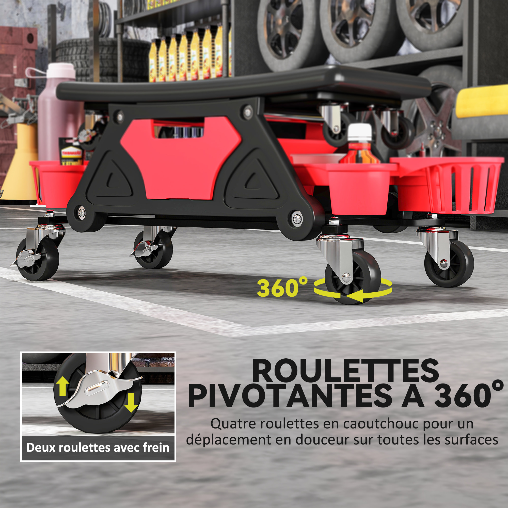 Tabouret d'atelier mobile chariot de mécanicien 2 en 1 - 3 plateaux outils - noir rouge