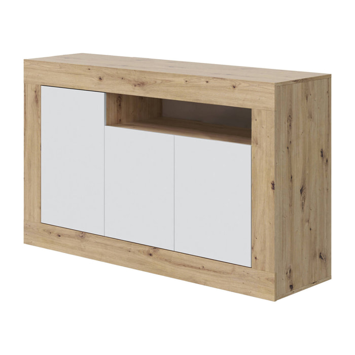 Credenza Thornton, Madia moderna a 3 ante, Buffet da soggiorno con scomparti, Madia da salotto, Mobile Porta TV, cm 144x42h87, Rovere nodi e Bianco