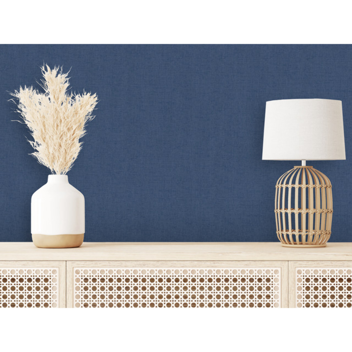 Papier peint uni effet toile lin bleu jean