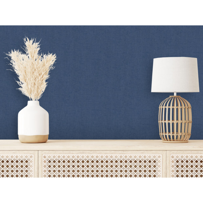 Papier peint uni effet toile lin bleu jean
