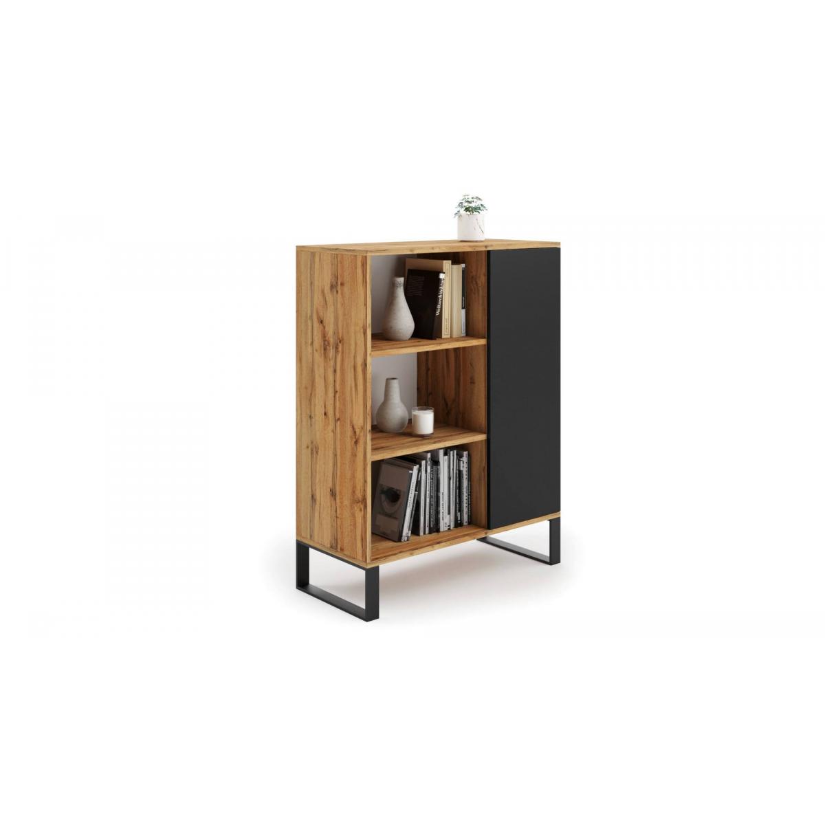 Credenza industrial a 1 anta e 2 ripiani, Buffet con piedini in metallo, Madia da soggiorno, Libreria con scaffali, cm 40x90h116, colore Nero e Acero