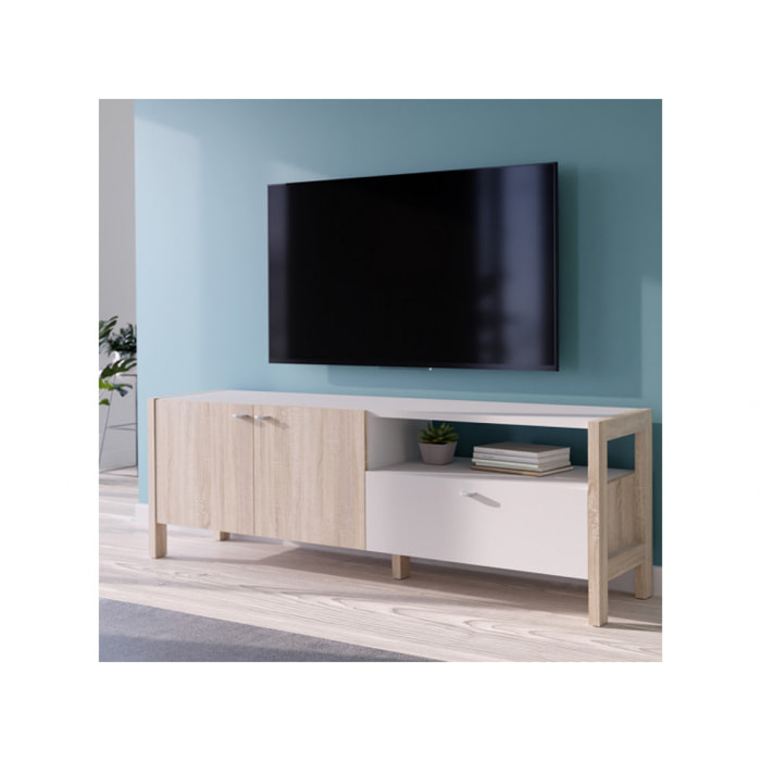 Meuble TV moderne en bois effet chêne et blanc avec rangements - VIK