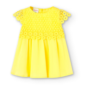 Vestido niña, guipure, cuello redondo, tirantes, amarillo
