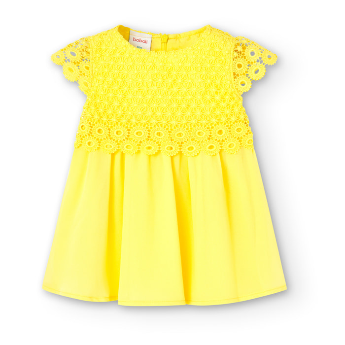 Vestido niña, guipure, cuello redondo, tirantes, amarillo