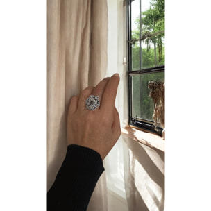 Anillo Retro cristal negro y plata envejecido chapado