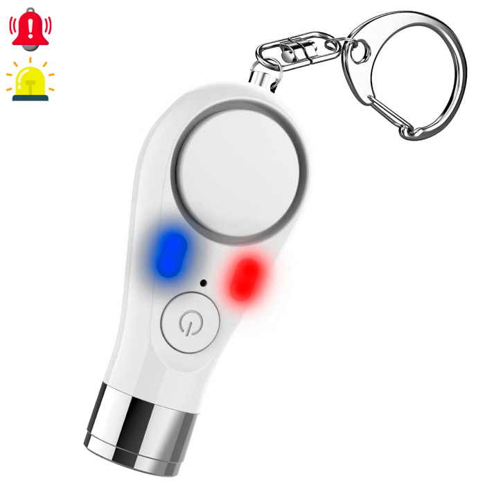 Alarma SOS personal con luz LED brillante, señal roja/azul y sonido de 130±5 dB. Batería recargable.