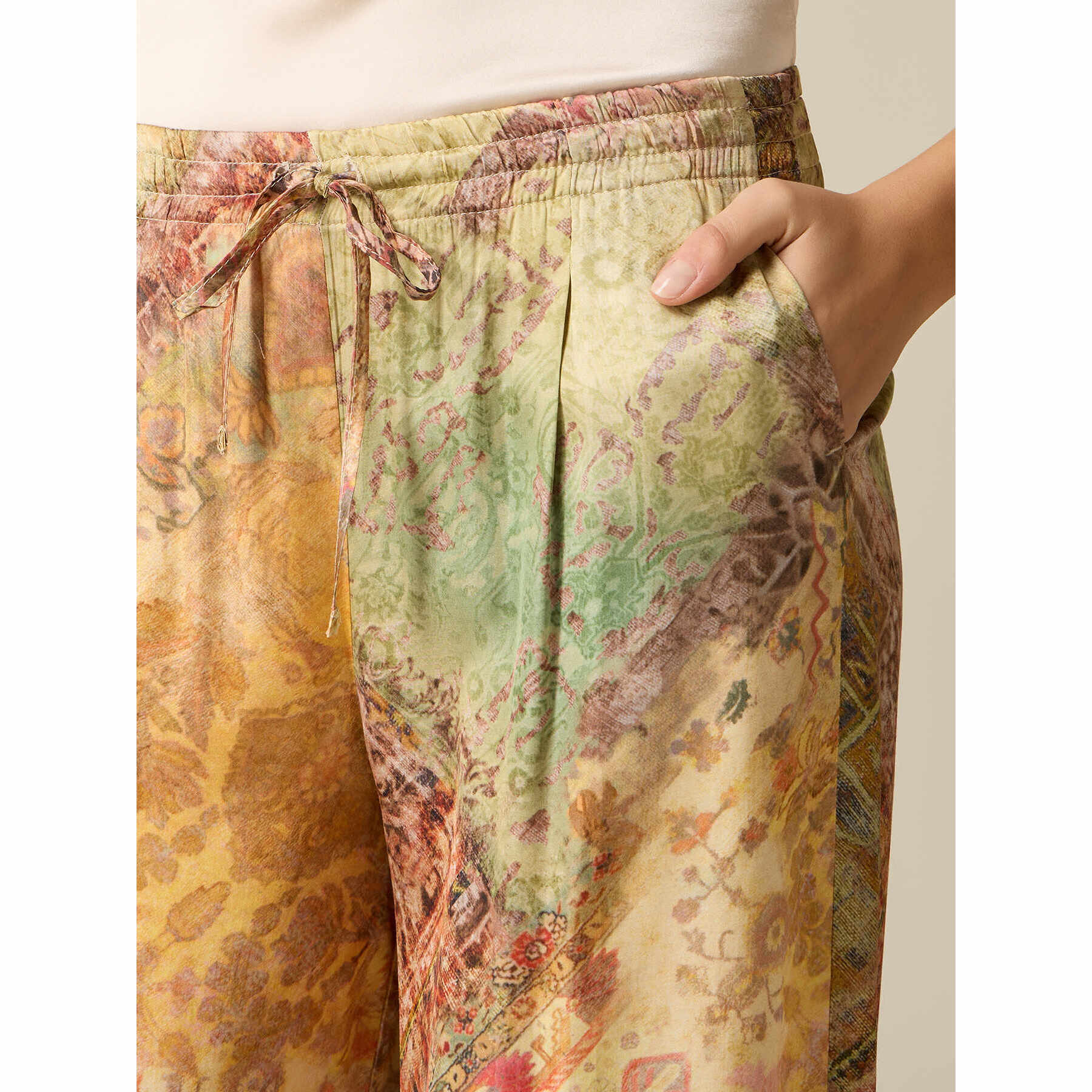 Oltre - Pantaloni palazzo in raso fantasia - Beige