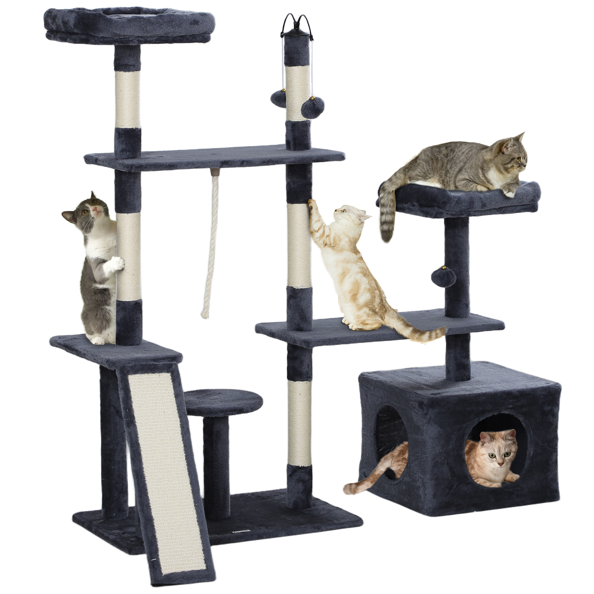 Árbol Rascador para Gatos 134 cm Torre para Gatos Rascador para Gatos con Nidos Cueva Plataformas Bolas de Juguete y Postes de Sisal Gris Oscuro