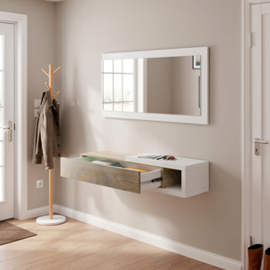 Mobile Maiorca Mobiletto da Ingresso Sospeso con Cassetto Mensola e Specchio Arredo Arredamento Sala 95 x 19 x 26 cm Bianco e Rovere Alaska