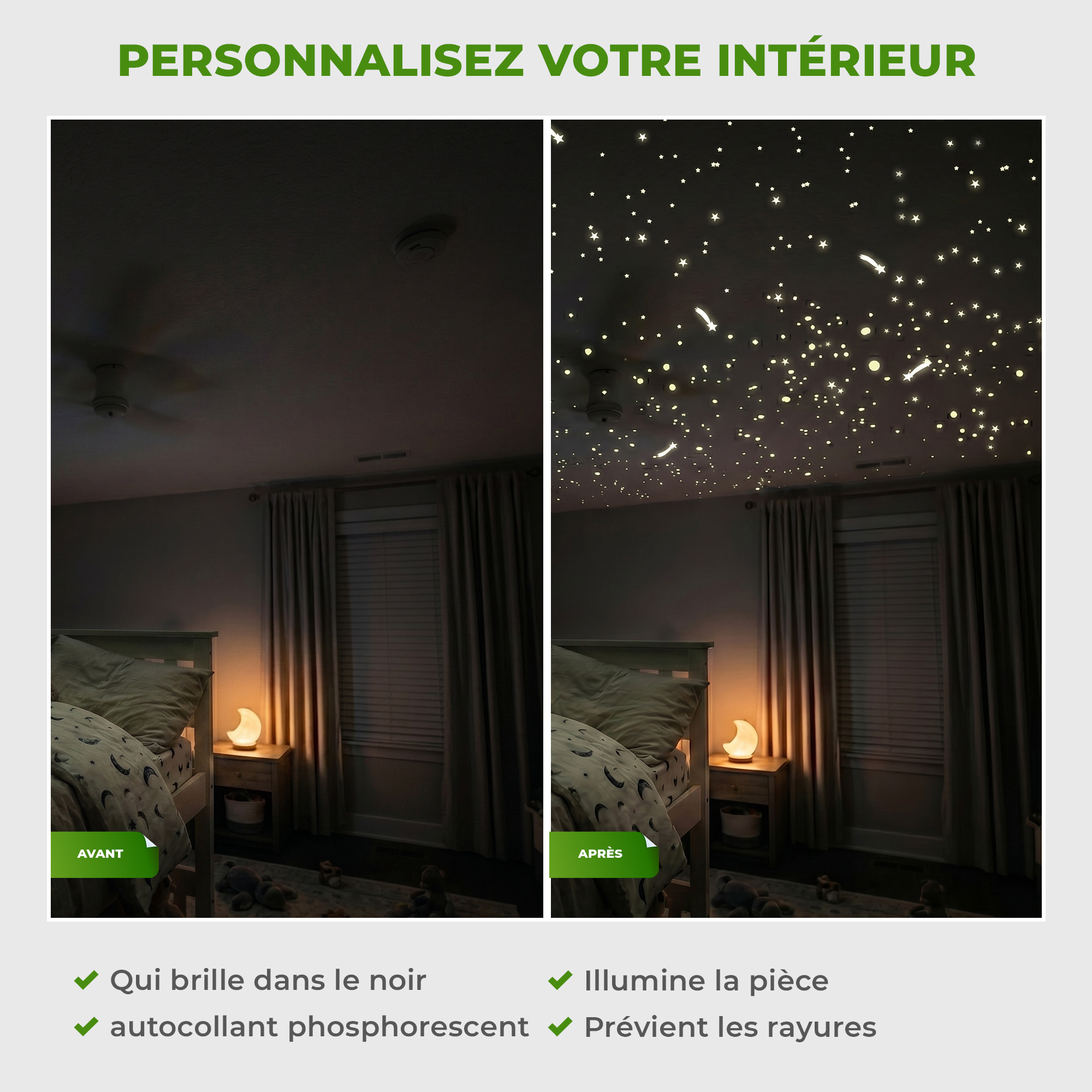Stickers Muraux décoration adhésifs250 phosphorescents étoiles et étoiles filantes