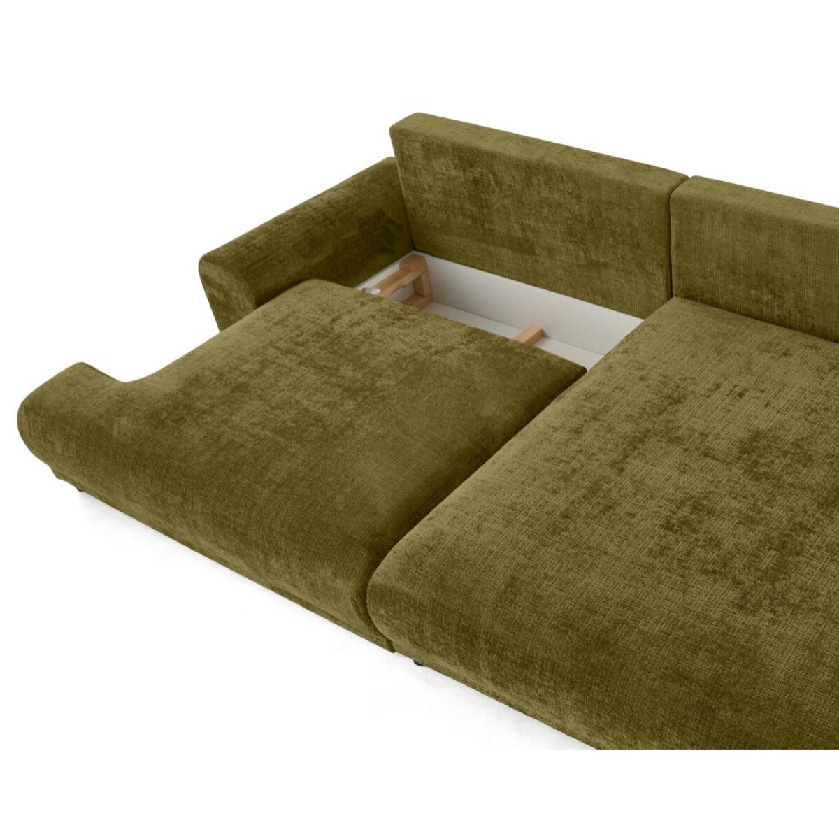 Nelly - canapé d'angle droit 4 places convertible avec coffre en velours texturé - Vert Olive