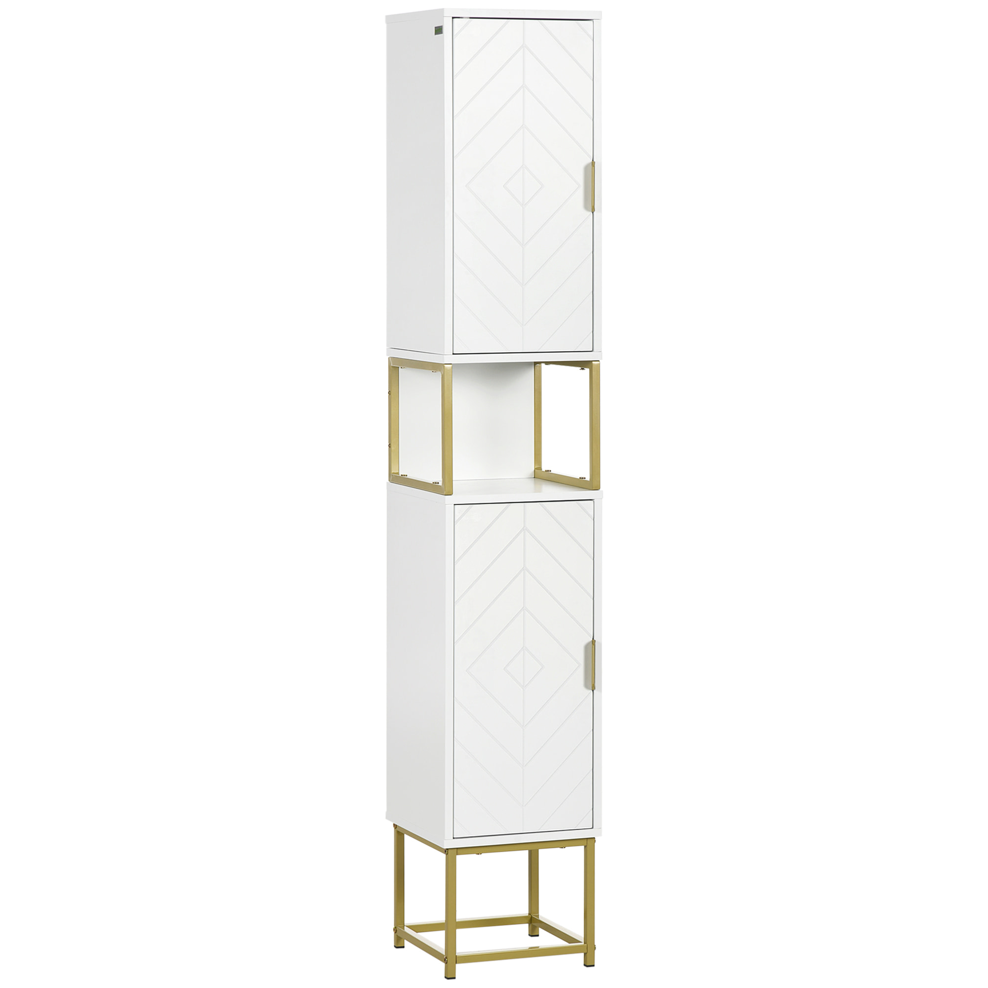 Meuble colonne rangement salle de bain design - 2 portes, 2 étagères, niche - acier doré MDF blanc