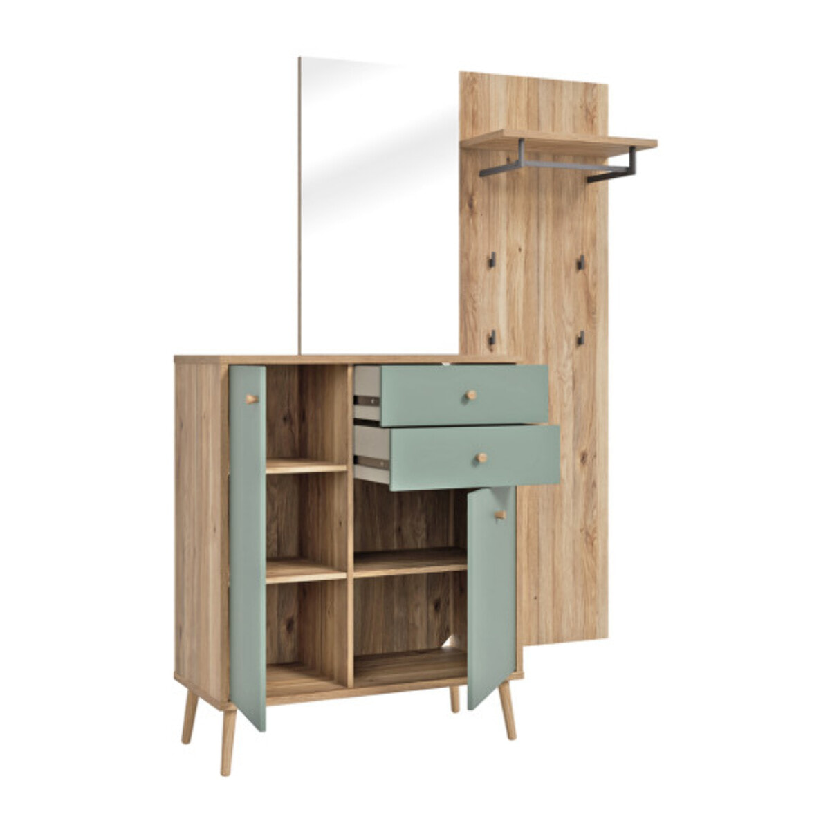 Meuble d’entrée rangement et porte manteau couleur bois et sauge – SACHA