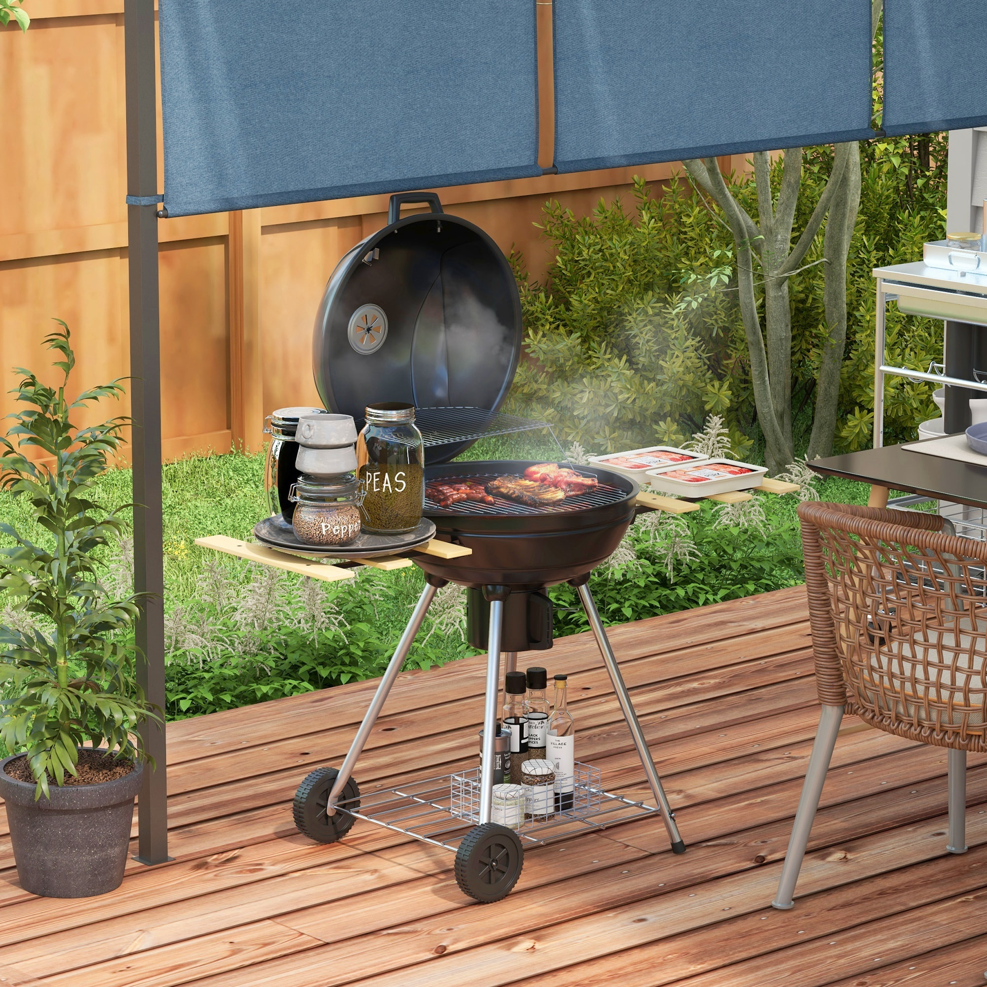 Barbacoa de Carbón Barbacoa Portátil con 2 Ruedas Estantes Plegables Termómetro y Parrilla Metálica para Pícnic Camping 117x68x91 cm Negro