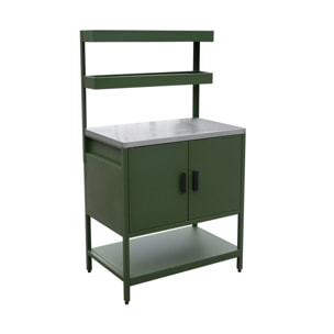 Cuisine d'extérieure en acier vert avec 2 étagères suspendues et 2 portes L80cm