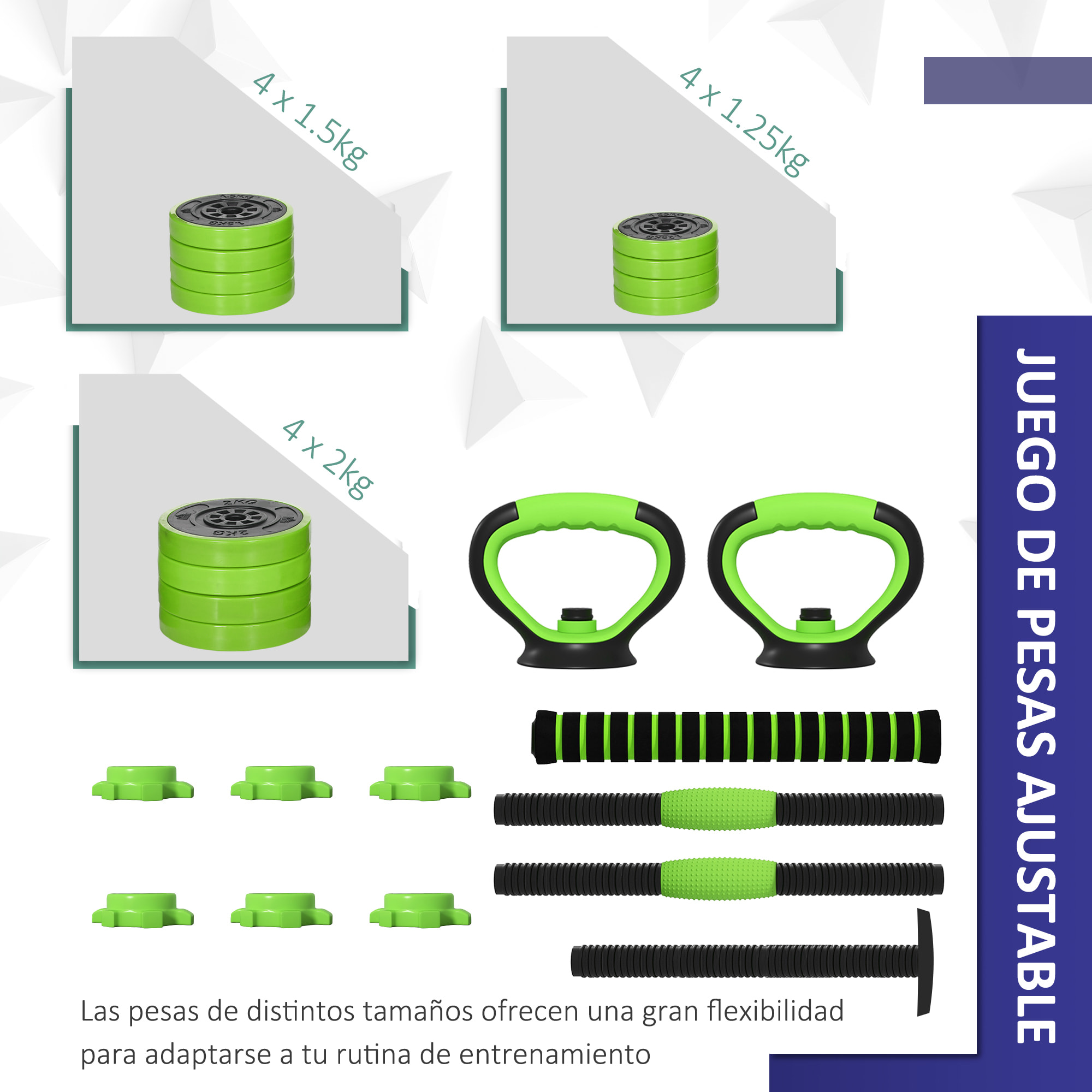 Kit de Mancuernas 20kg 4 en 1 Juego de Pesas con Kettlebell Barra de Pesas para Entrenamiento de Fuerza en Hogar Gimnasio Oficina Verde