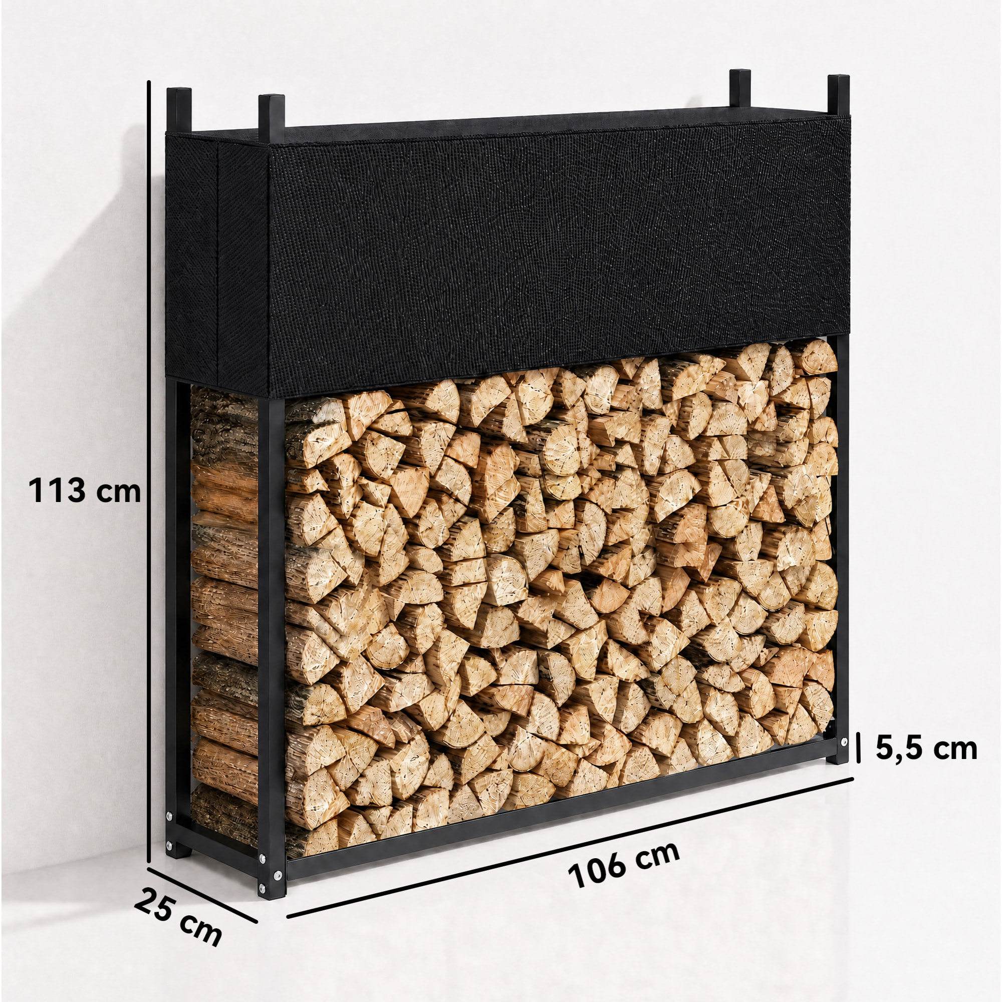 Outsunny Estante de Leña con Funda Oxford 600D, Leñero Exterior de Acero Galvanizado Robusto, Carga 250 kg, para Interior y Exterior, Jardín, Terraza, 106x25x113 cm, Negro