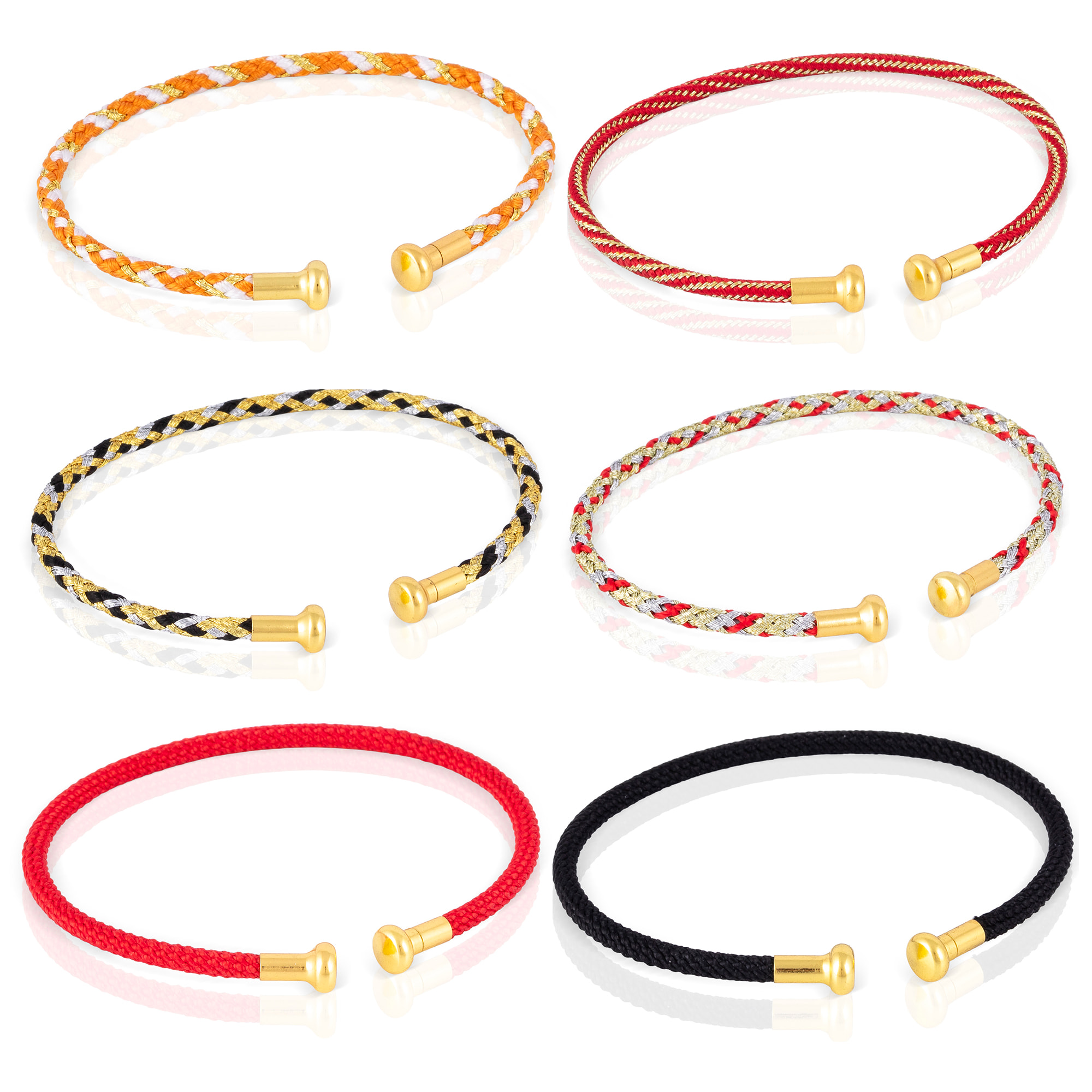 Pack de 6 pulseras rígidas trenzadas de hilo de poliéster relleno de hilo de acero negro, rojo y multicolor con cierre abierto de cobre dorado.