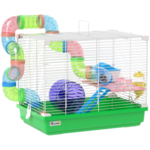 Cage à hamster 2 niveaux avec poignée - avec tunnel, biberon eau, roue, maisonnette, échelles - vert