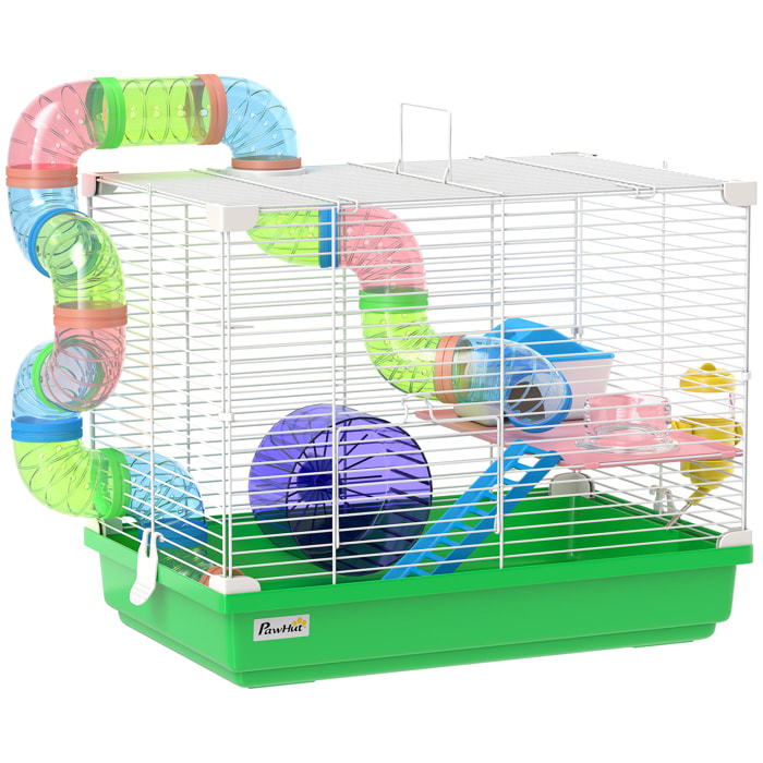 Cage à hamster 2 niveaux avec poignée - avec tunnel, biberon eau, roue, maisonnette, échelles - vert