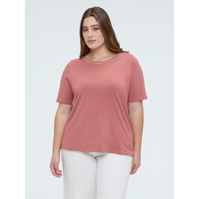 Fiorella Rubino - T-shirt in cotone con applicazioni luminose - Rosa
