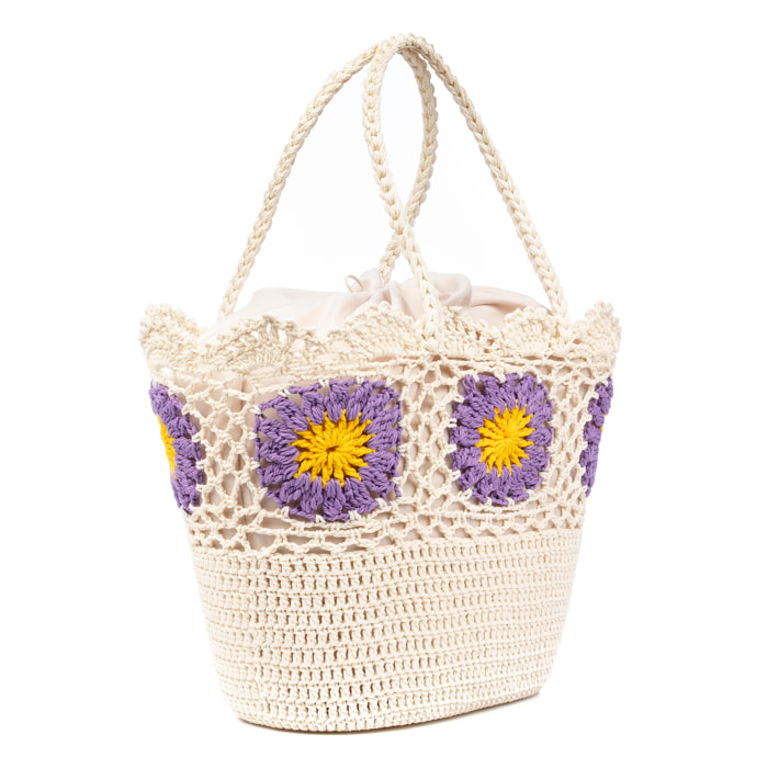 Villaga borsa a spalla donna. Realizzata in cotone, con fiori decorativi.