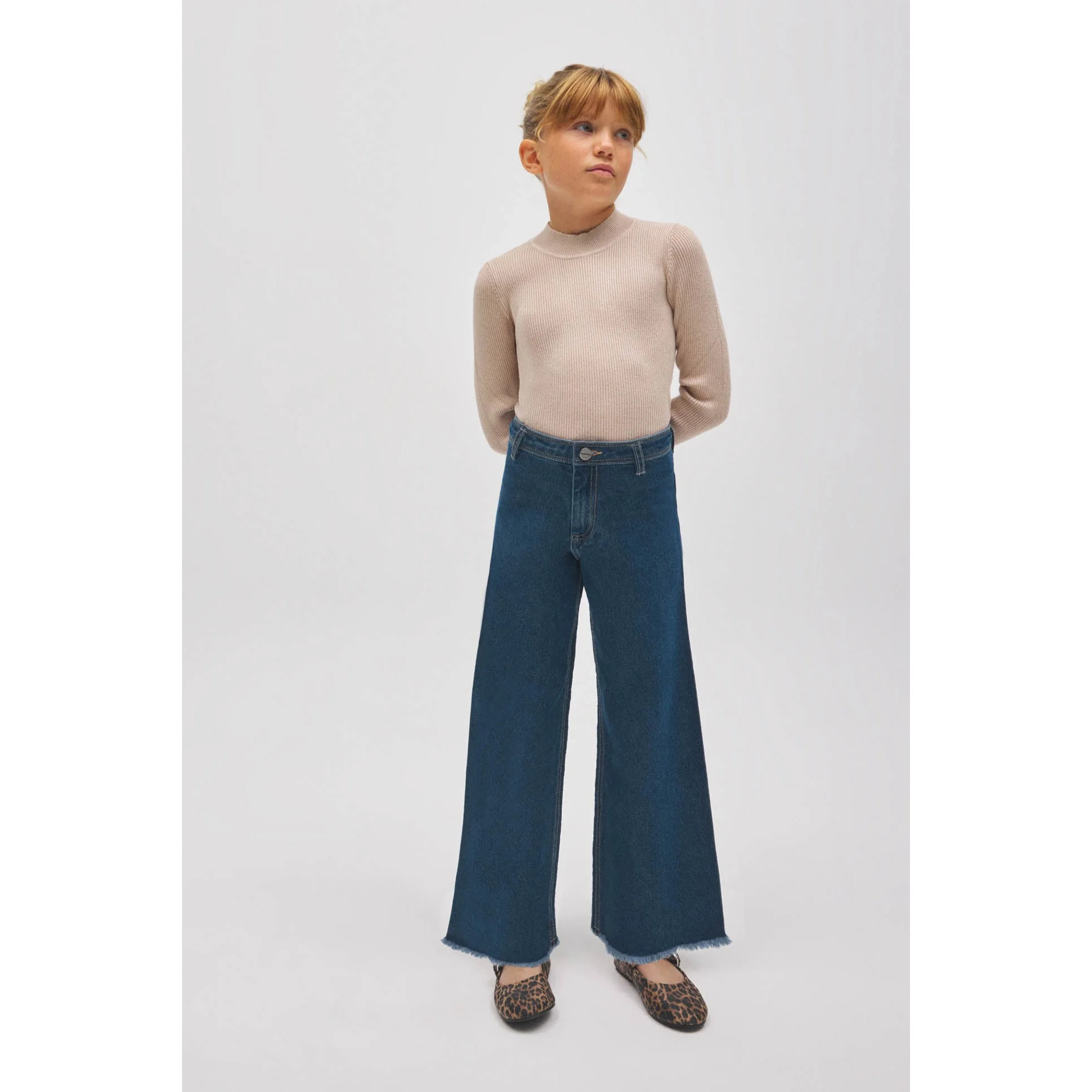 Pantaloni da bambina in denim blu navy a gamba larga