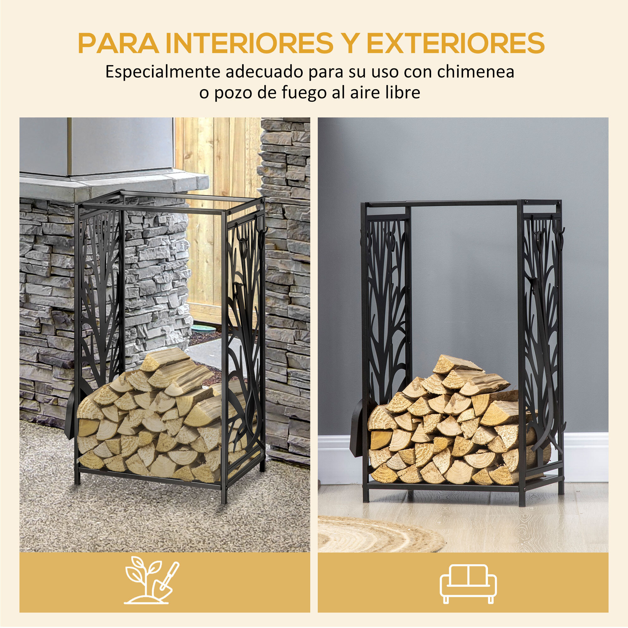 Estante para Leña Estantería de Almacenamiento para Chimenea 46x30x70 cm Soporte para Leña con 4 Herramientas para Interior y Exterior Negro