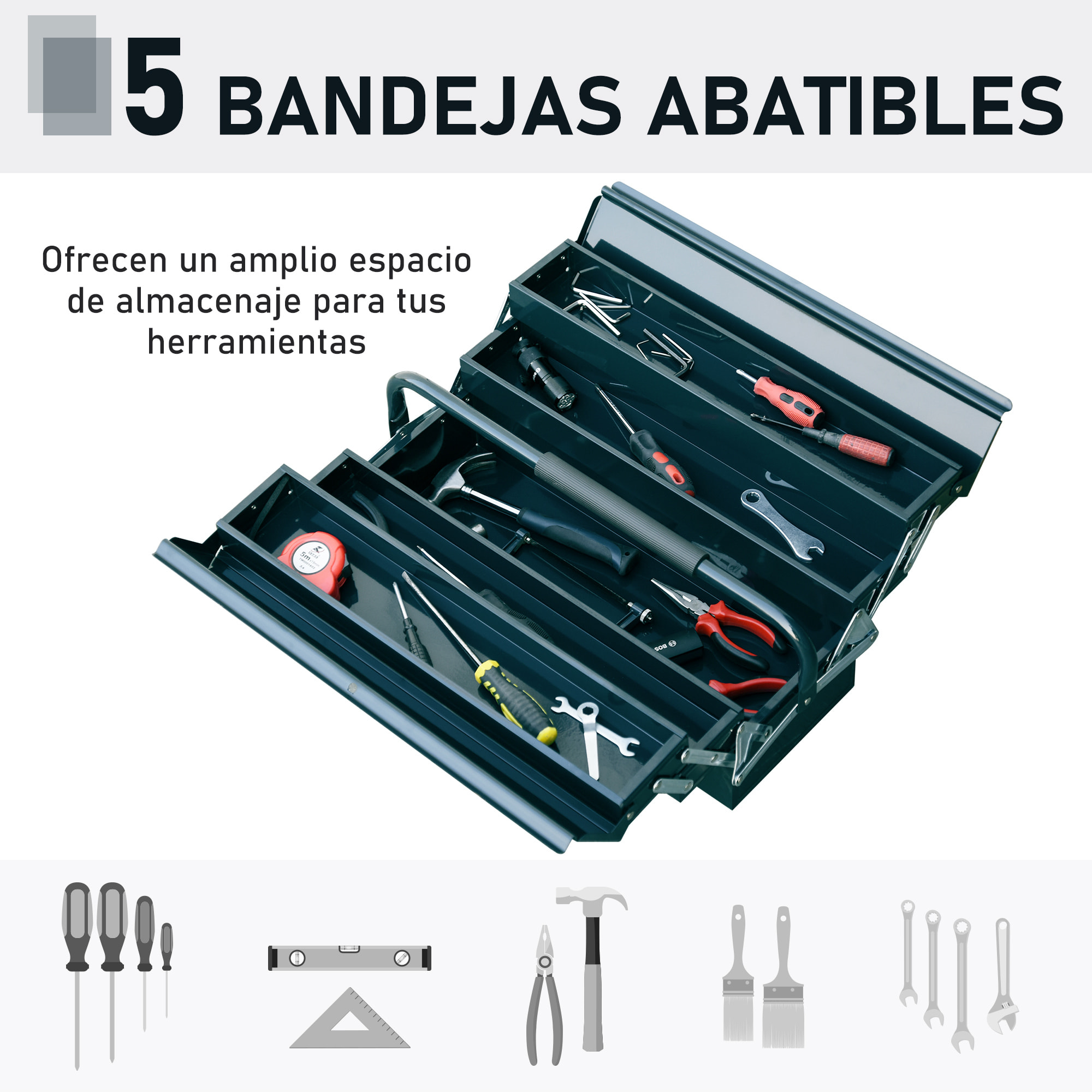 Caja de Herramientas Metálica, Maletín de Herramientas de Acero Plegable con 5 Bandejas y Asa, para Taller, Garaje, 45x20x34,5 cm, Verde Oscuro