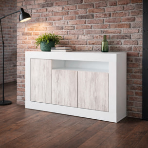 Credenza Moderna Madia A Terra Con 3 Ante Vano A Giorno E Ripiani Interni Mobile Contenitore Antigraffio 144x42x87 Cm Bianco Anticato e Bianco
