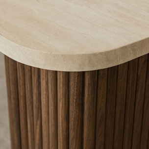 Table d'appoint carré effet travertin et pied effet noyer 40cm