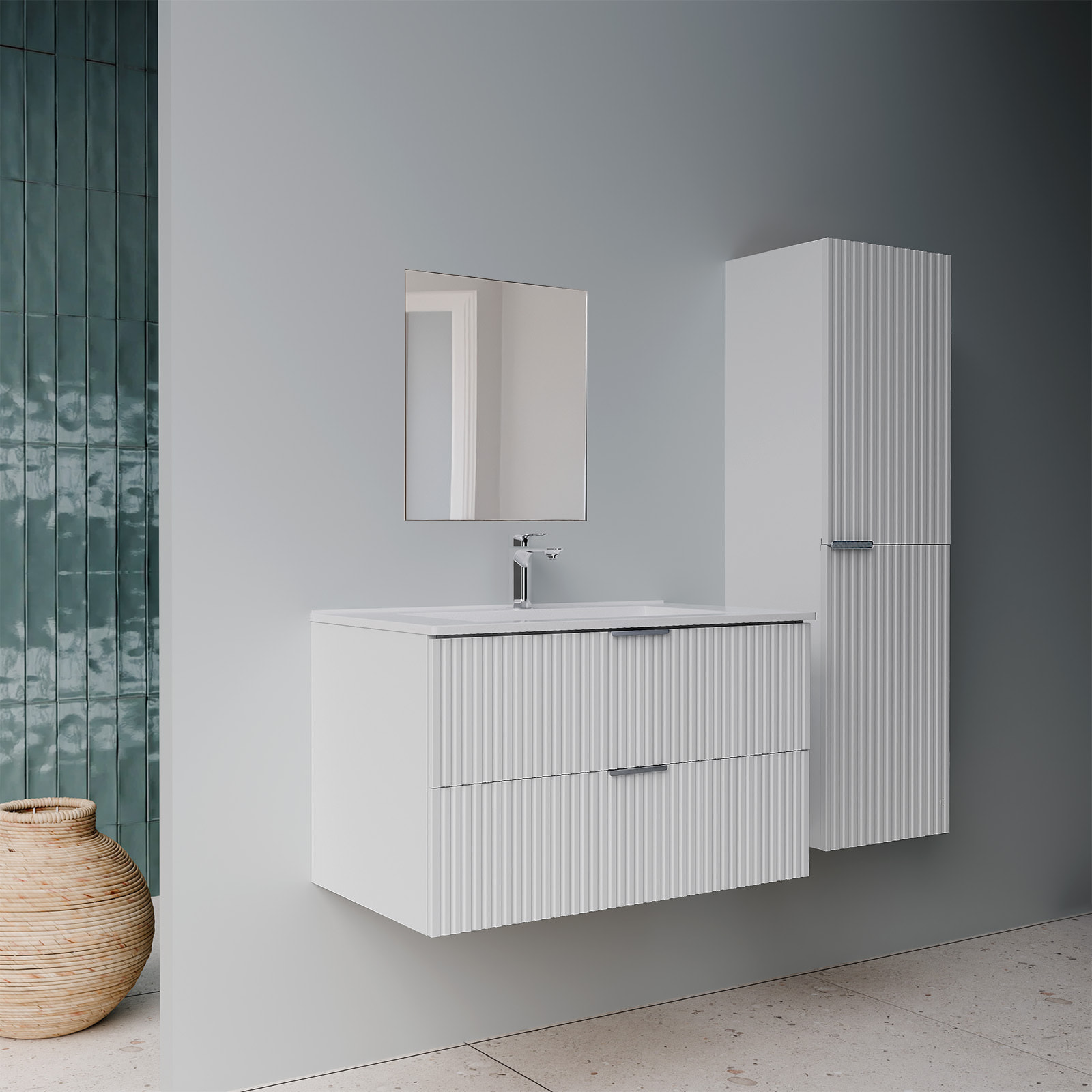 Pack Meuble salle de bain 60cm et Colonne de rangement - Façades Blanches Ondulées - MILO