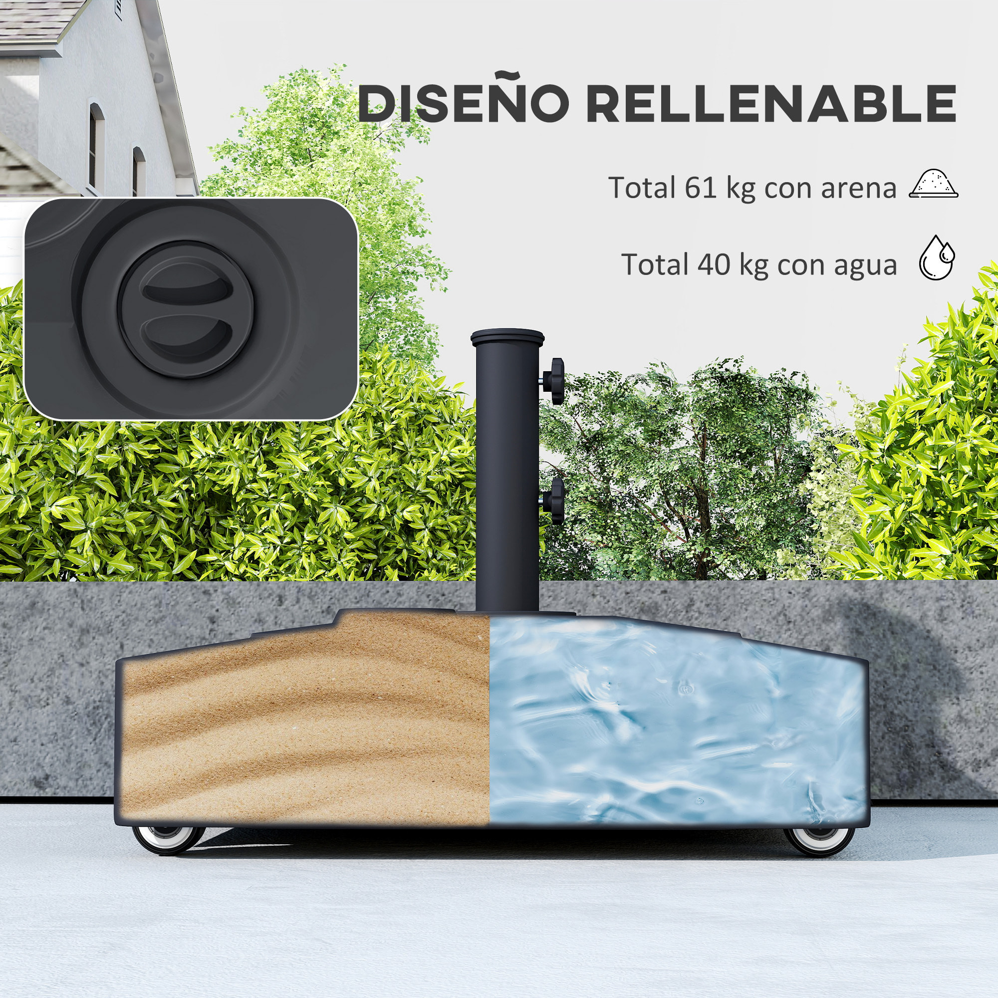 Base para Sombrilla Cuadrada con Ruedas, Soporte de Parasol de HDPE, Pie para Sombrilla con Postes Ø35/38/48 mm, Rellenable de Arena 61 kg o Agua 40 kg, para Jardín, Patio, Terraza, Negro