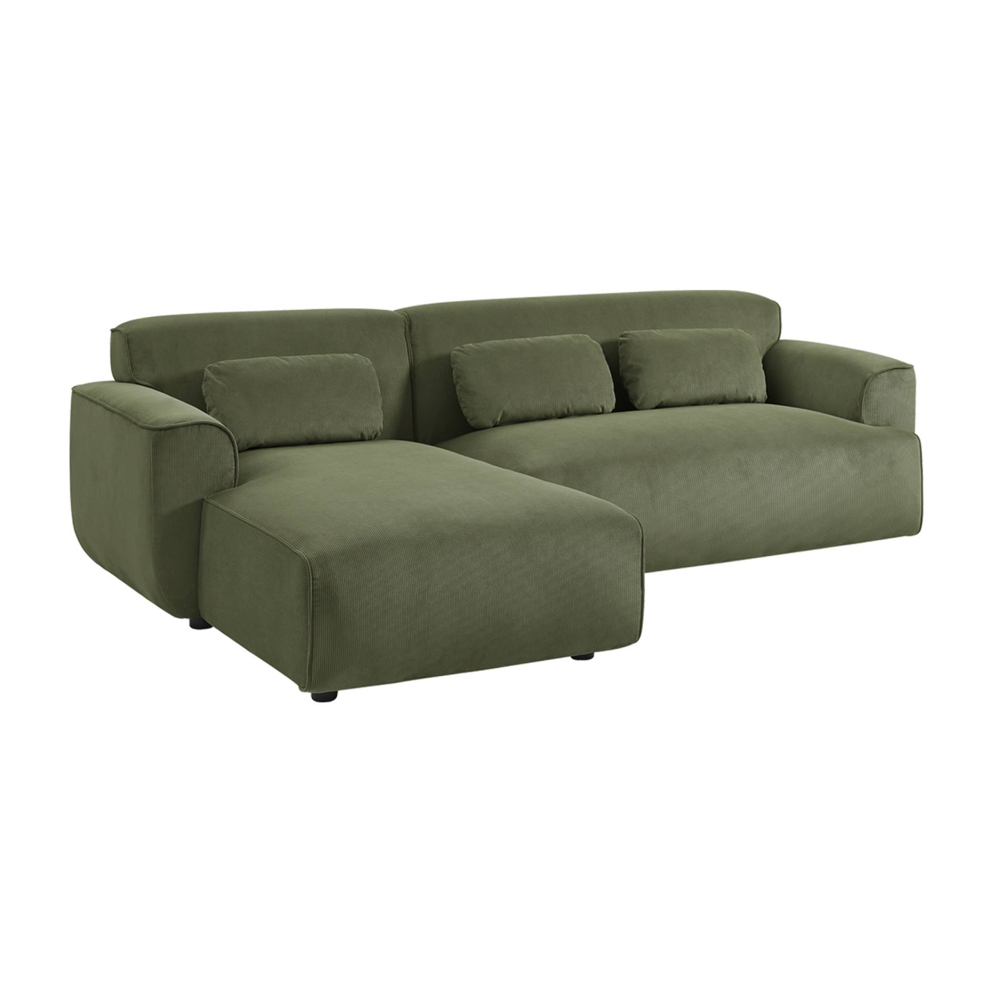 Canapé d'angle gauche. 2 à 3 places. velours côtelé vert. Wallas L 196 x P 151 / 91 / x H 73cm