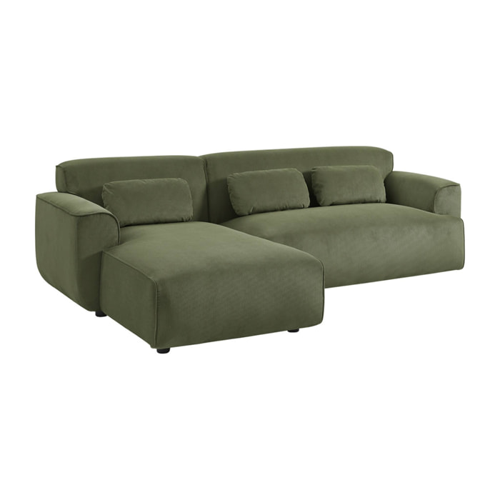 Canapé d'angle gauche. 2 à 3 places. velours côtelé vert. Wallas L 196 x P 151 / 91 / x H 73cm