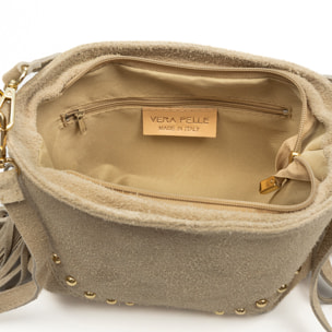 Bellegra Bolso de hombro Mujer. Piel auténtica Gamuza con detalles metálicos.