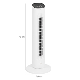 Ventilador de Torre 50W con Control Remoto Ventilador Silencioso con 3 Velocidades Temporizador 15h Oscilación 85° Pantalla LED 30x30x78 cm Blanco