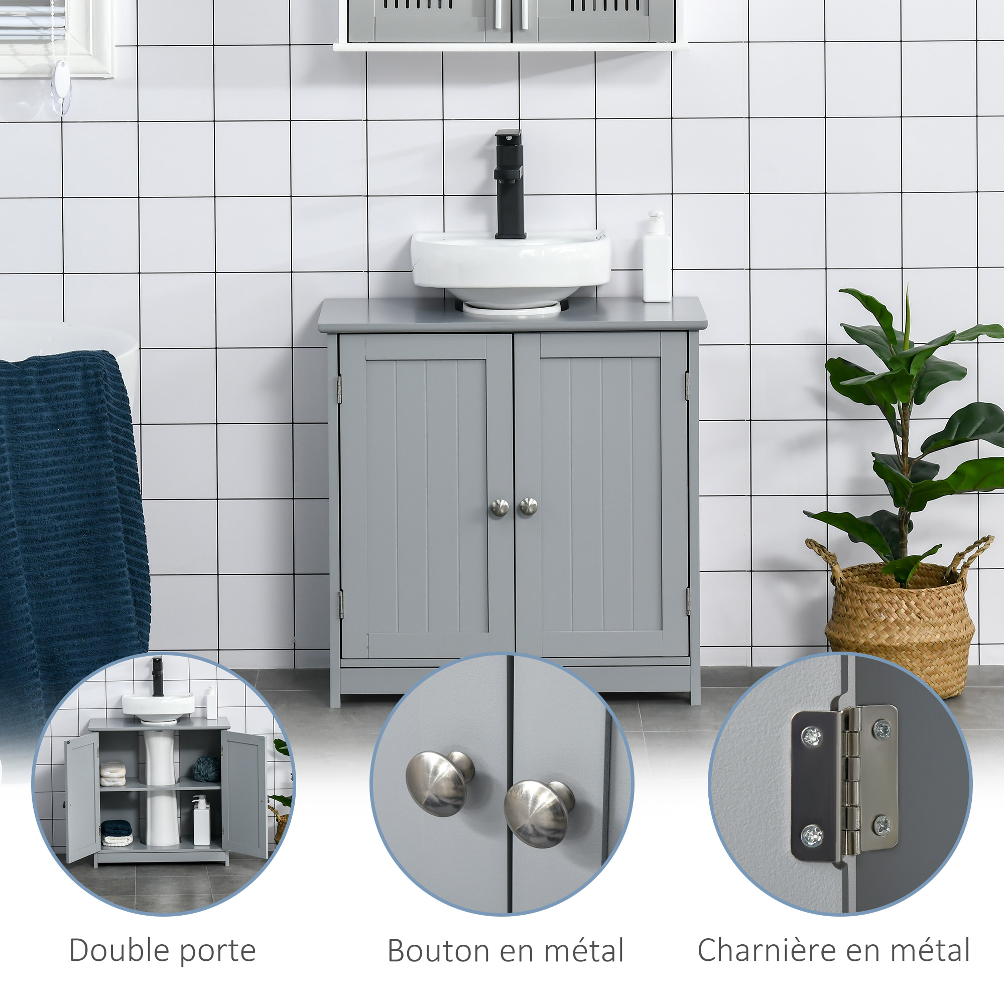 Meuble vasque - meuble sous-vasque - 2 portes rainurées avec étagère réglable - poignées métal chromé - dim. 60L x 30l x 60H cm - MDF gris