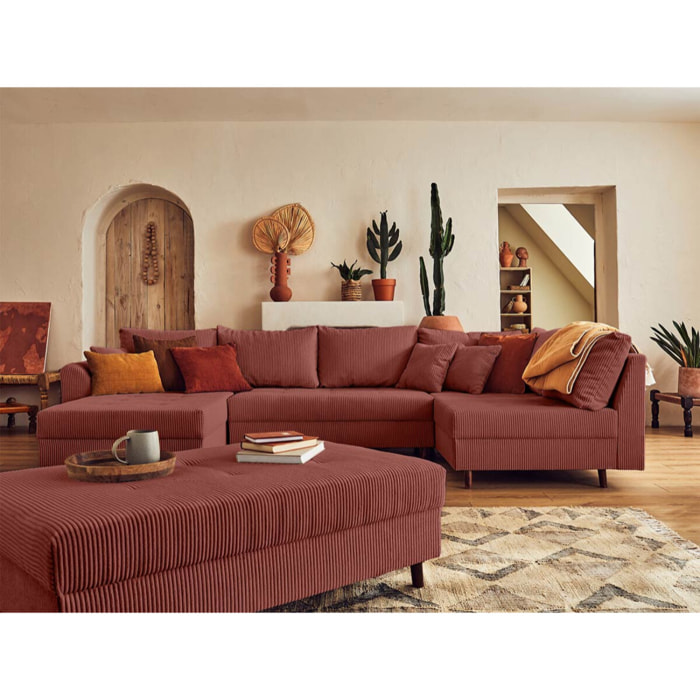Rune - canapé panoramique d'angle droit - 7 places - avec pouf d'appoint - en velours côtelé - Terracotta
