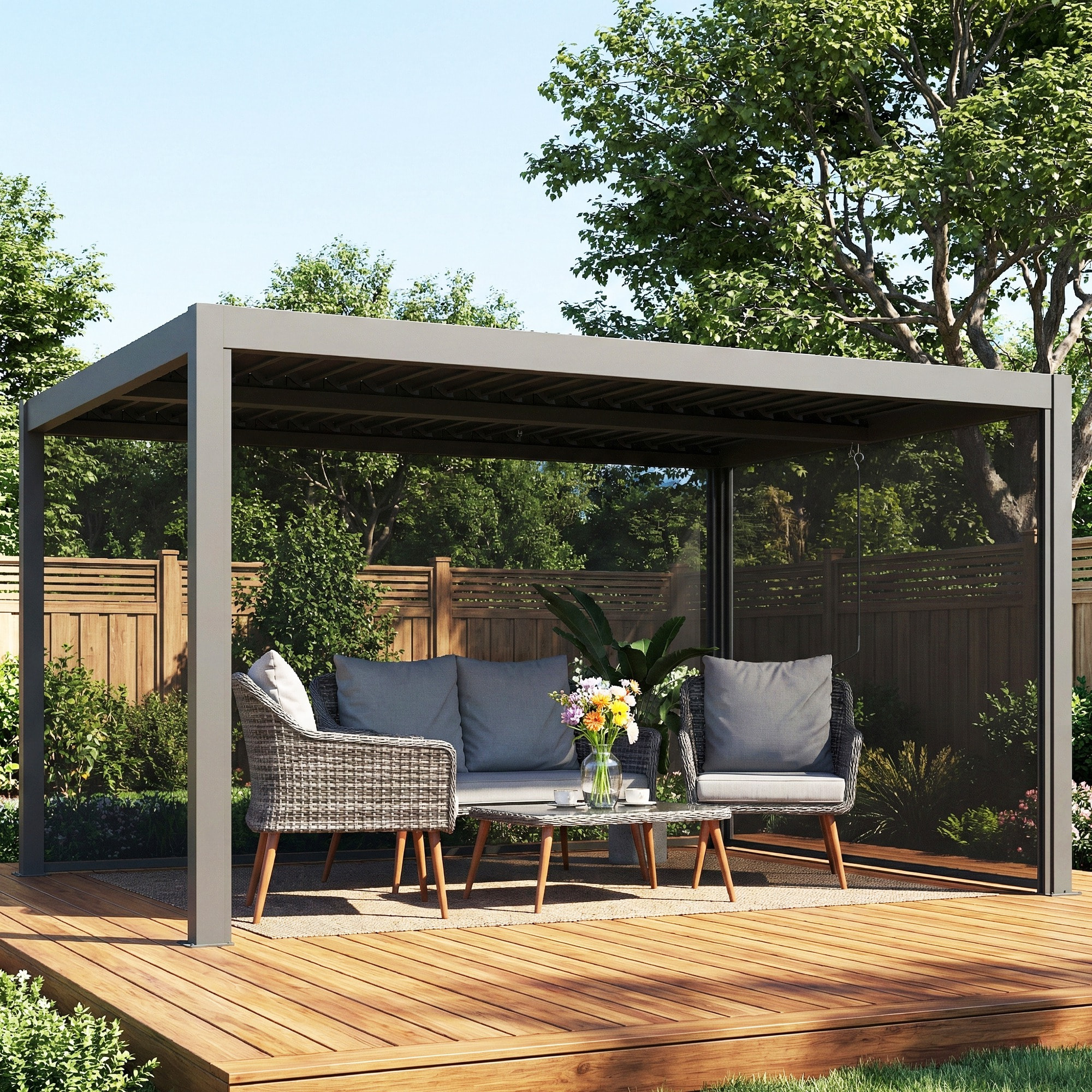 Pergola bioclimatique lames orientables stores latéraux aluminium gris
