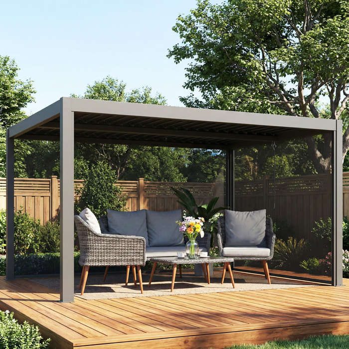 Pergola bioclimatique lames orientables stores latéraux aluminium gris