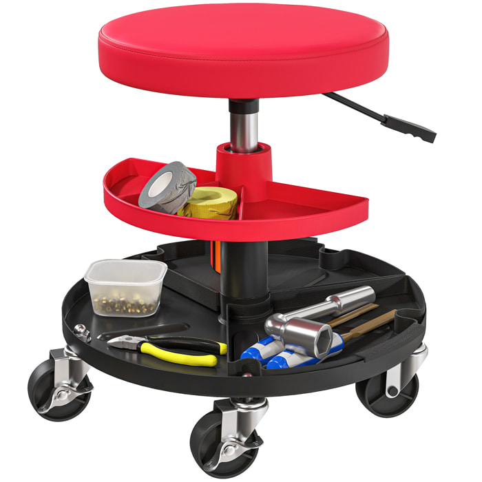 Taburete de Taller Giratorio con Ruedas Altura Ajustable de 40-51 cm Asiento Taburete para Mecánico con 2 Bandejas para Herramientas Carga 135 kg para Garaje Reparación de Automóviles Rojo