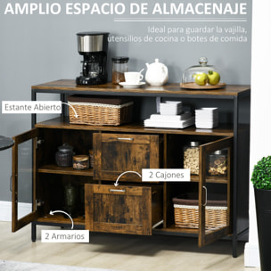 HOMCOM Aparador de Cocina con 2 Puertas de Cristal 2 Cajones y Estantes Abiertos Armario Auxiliar de Estilo Industrial para Salón Comedor 120x40x88,5 cm Marrón Rústico