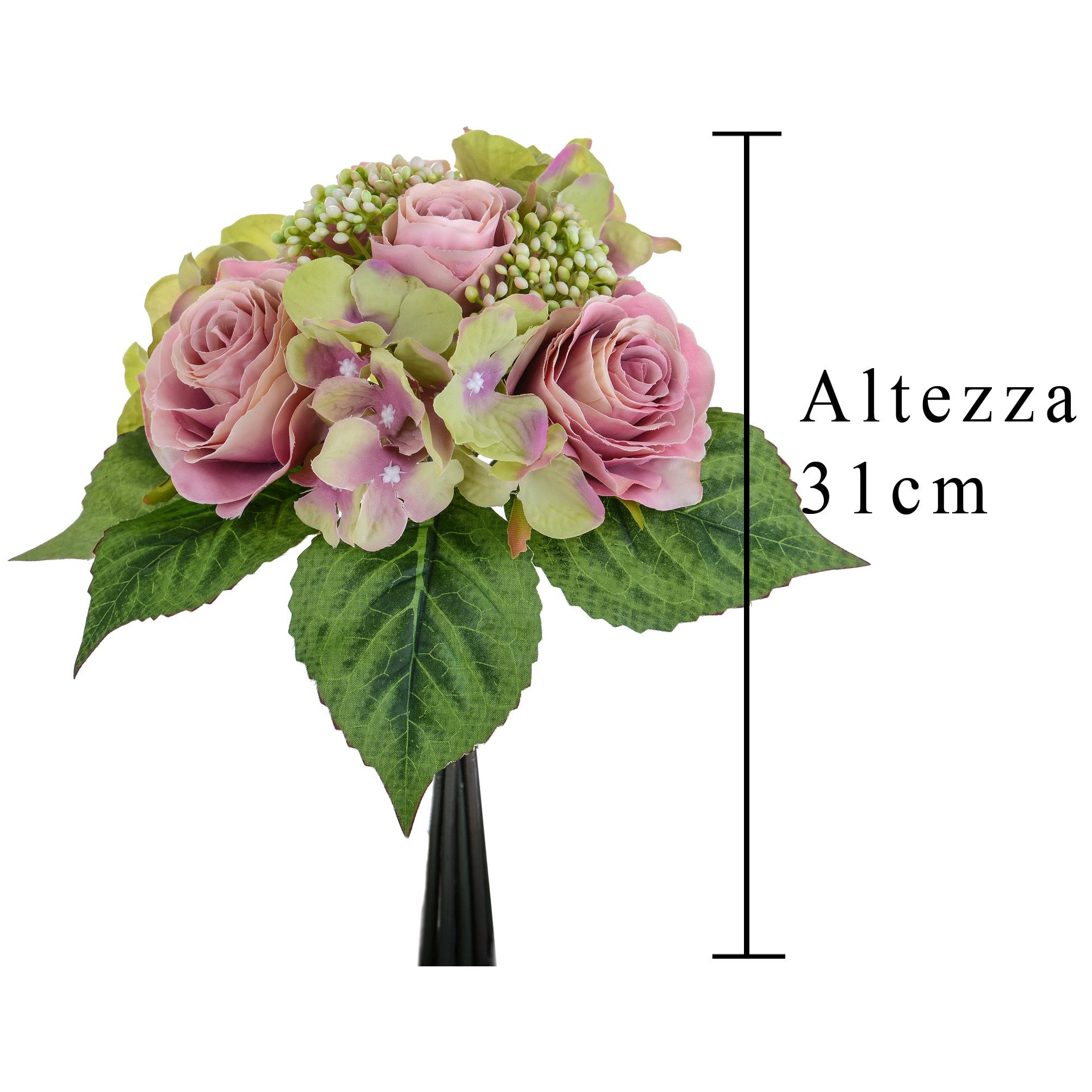 Bouquet Con Rose. Altezza 31 Cm - Pezzi 4 - 22X31X22cm - Colore: Rosa - Bianchi Dino - Fiori Artificiali