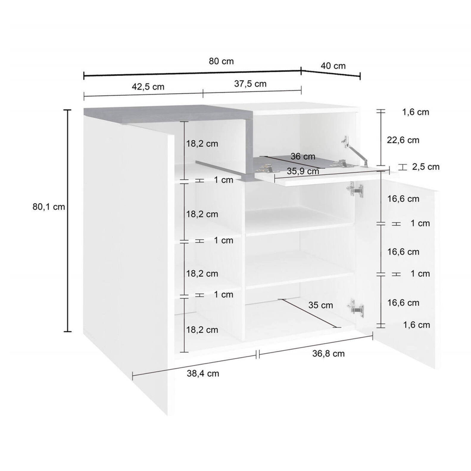 Scarpiera moderna, Made in Italy, a 2 ante e 1 anta a ribalta, Portascarpe da ingresso, Mobile multiuso, cm 80x40h80, colore Bianco lucido e Grigio Ardesia