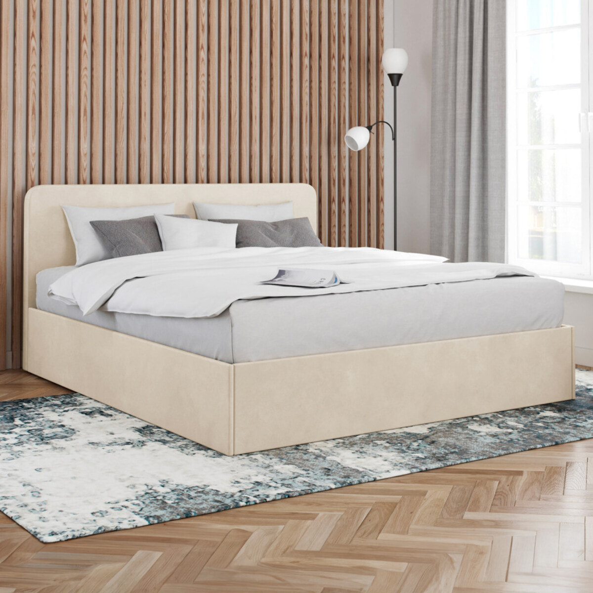 Lit avec tete de lit arrondie Louise - Velours beige