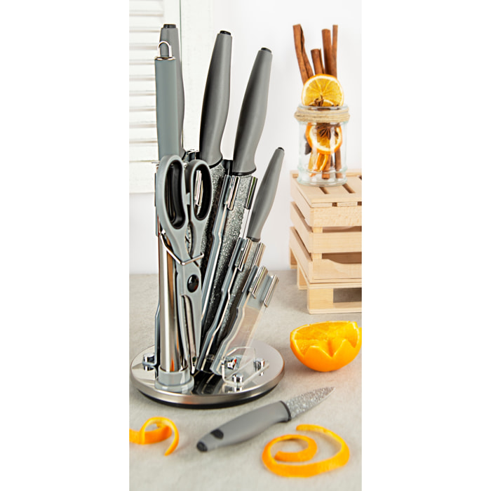 Ceppo coltelli da cucina 8 pezzi Excelsa Rock, acciaio inox grigio