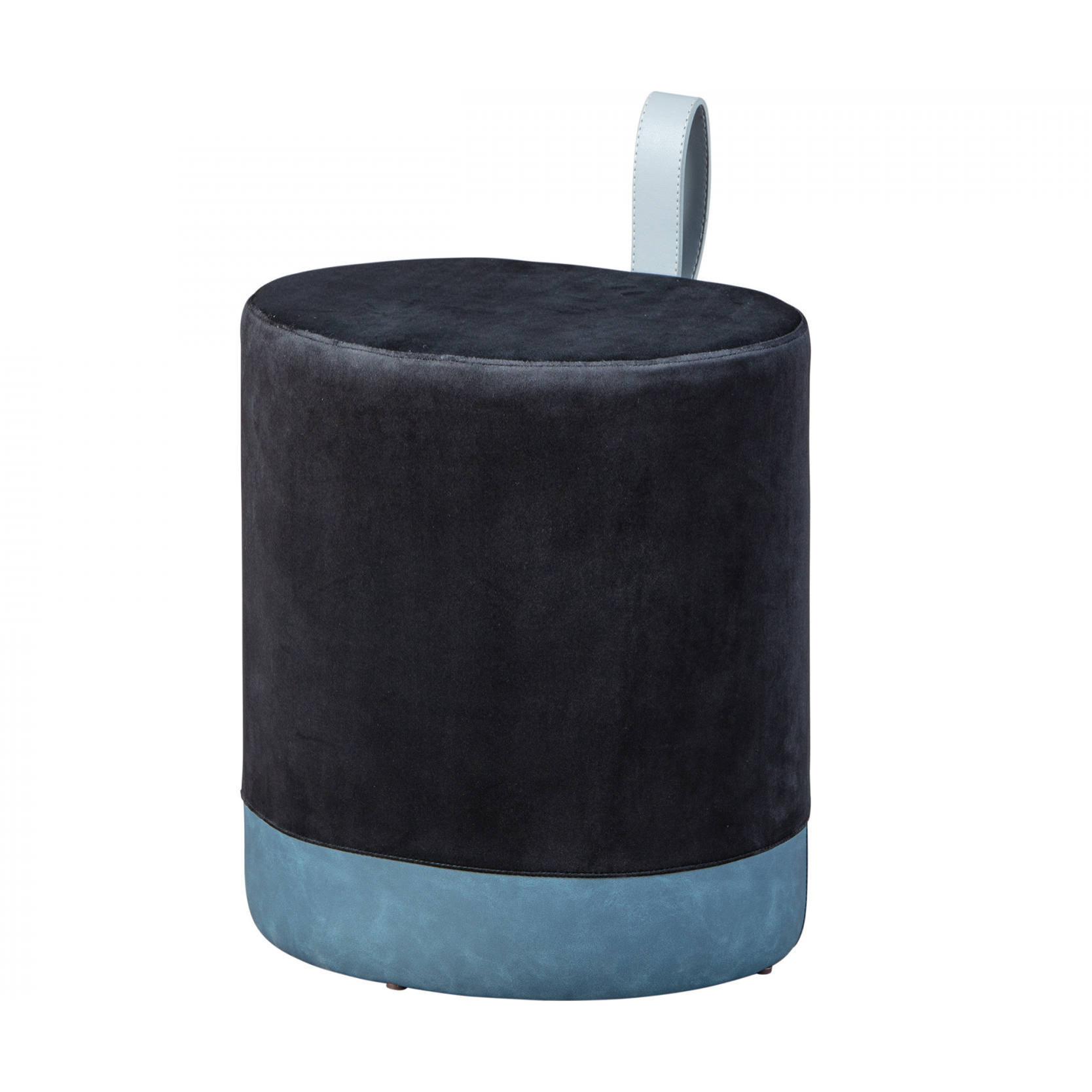 Pouf in velluto nero e azzurro con maniglia in ecopelle, cm 38x32.5x43